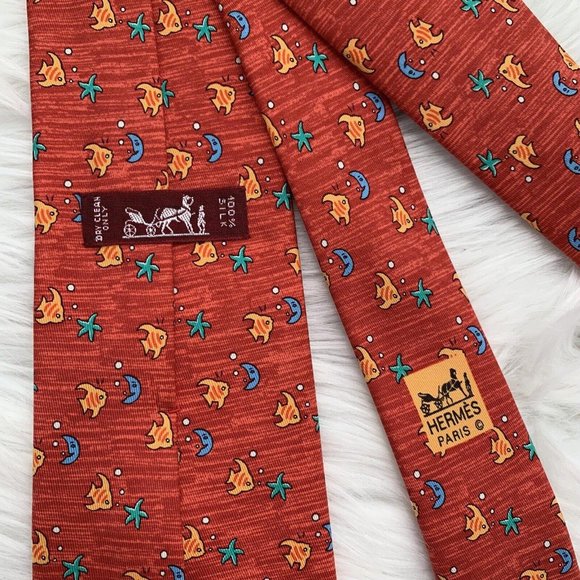 Hermes Paris - Brick red heather Moon Starfish & Fish print silk necktie - Picture 4 of 5